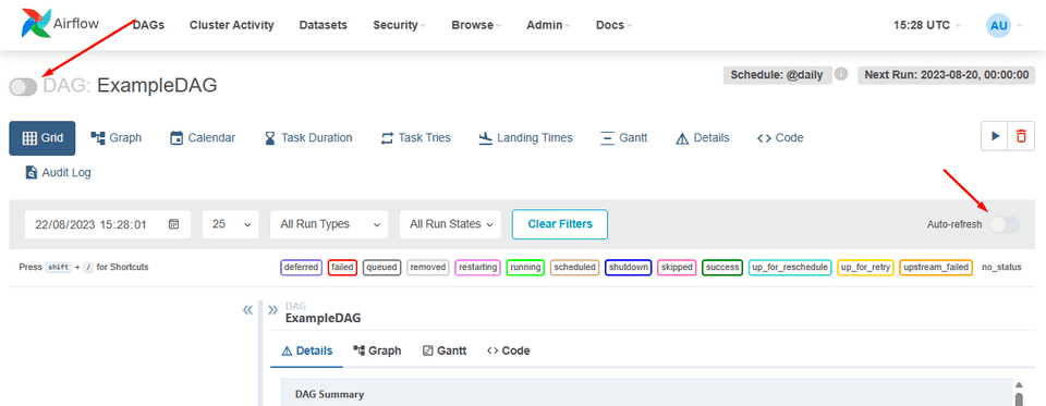 Switch Button to enable the DAG and to enable the auto-refresh