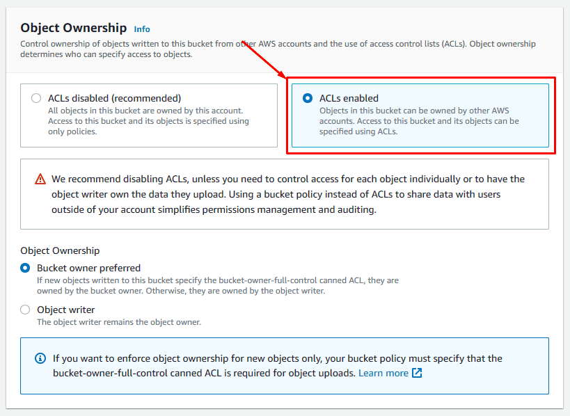 Habilitando ACLs nas configurações da AWS S3 Habilitando ACLs nas configurações da AWS S3