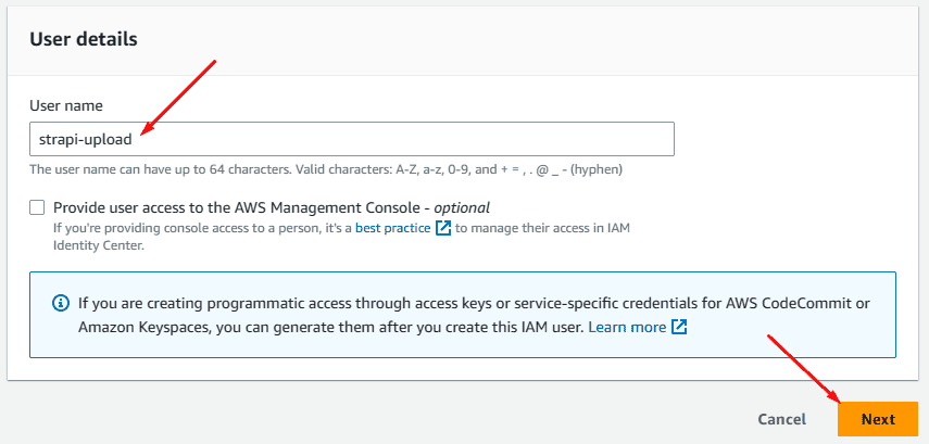 Digitando o nome do bucket e clicando em next Digitando o nome do bucket e clicando em next