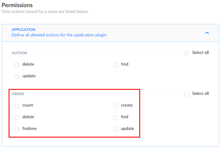 Formulário de liberação das rotas do Strapi