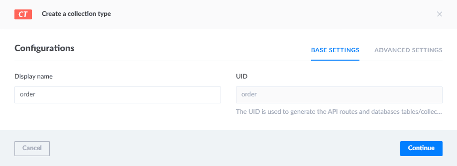 Formulário de criação do collection type order