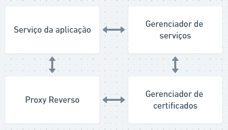 Um fluxograma mostrando os agentes do servidor: Serviço da aplicação, Gerenciado de serviços, Proxy reverso, Gerenciador de certificados