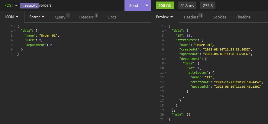 Order Post Request creating a order