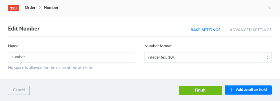 Formulário de criação do field number