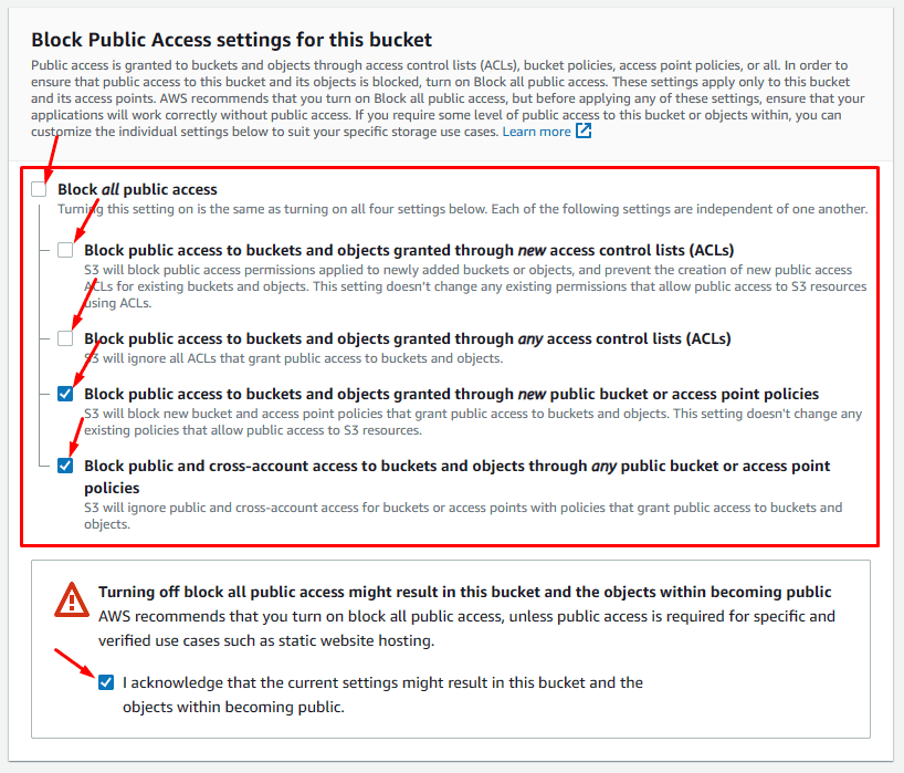 Configurações de bloqueio da S3 Configurações de bloqueio da S3