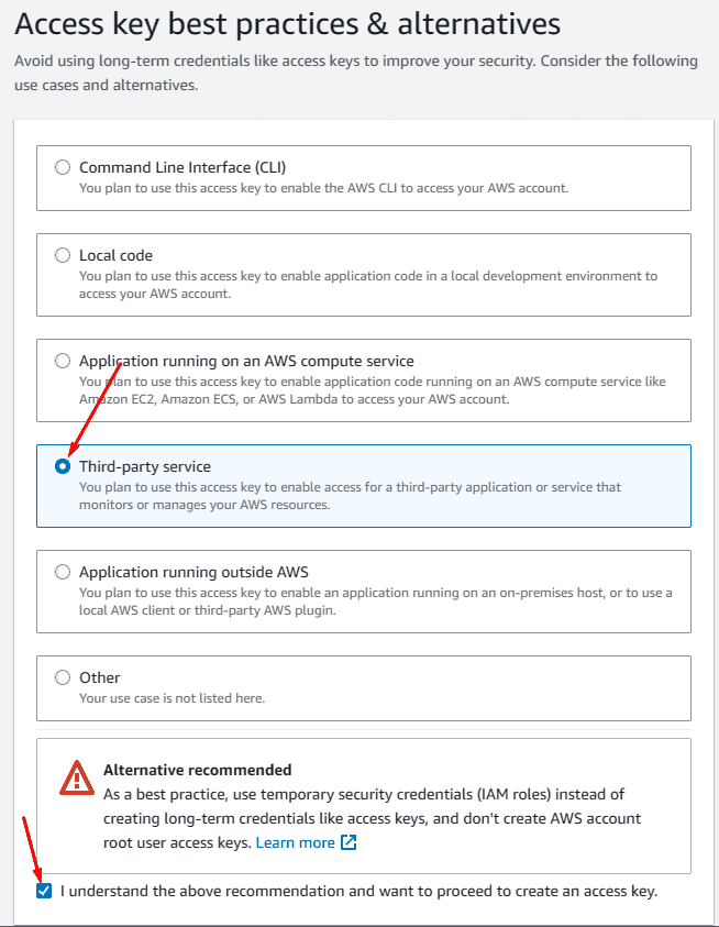 Selecionando a opção "Third-party service" ao criar uma access key Selecionando a opção "Third-party service" ao criar uma access key